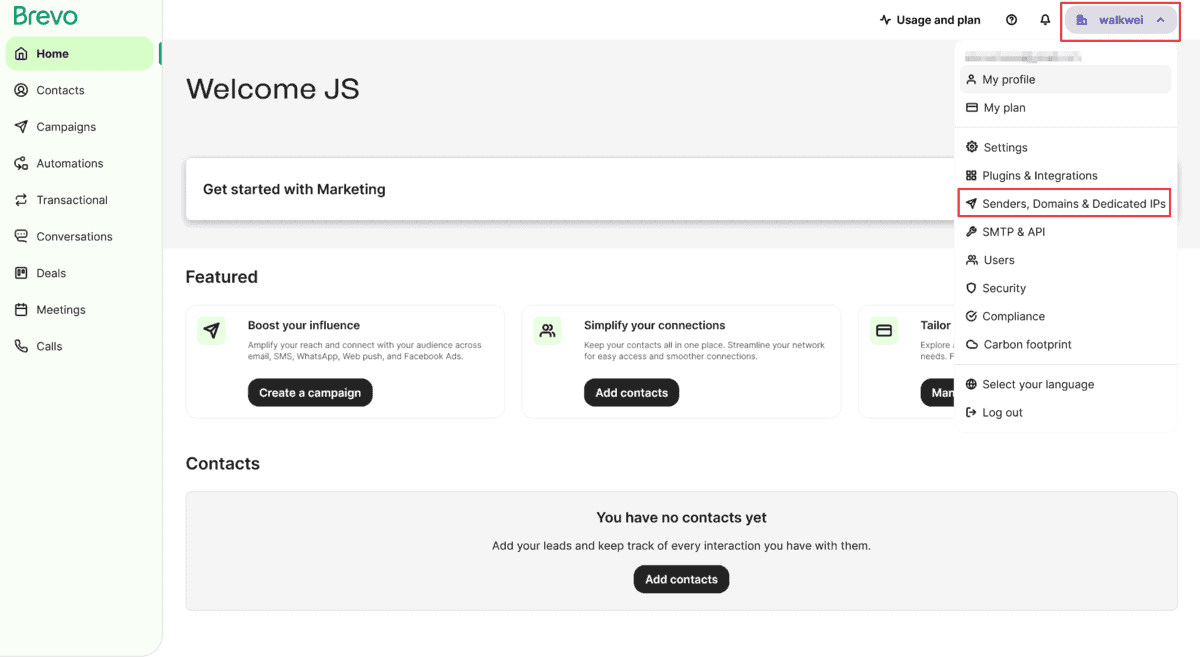 選擇右上的按鈕,然後選擇「Senders, Domains & Dedicated IPs」選項