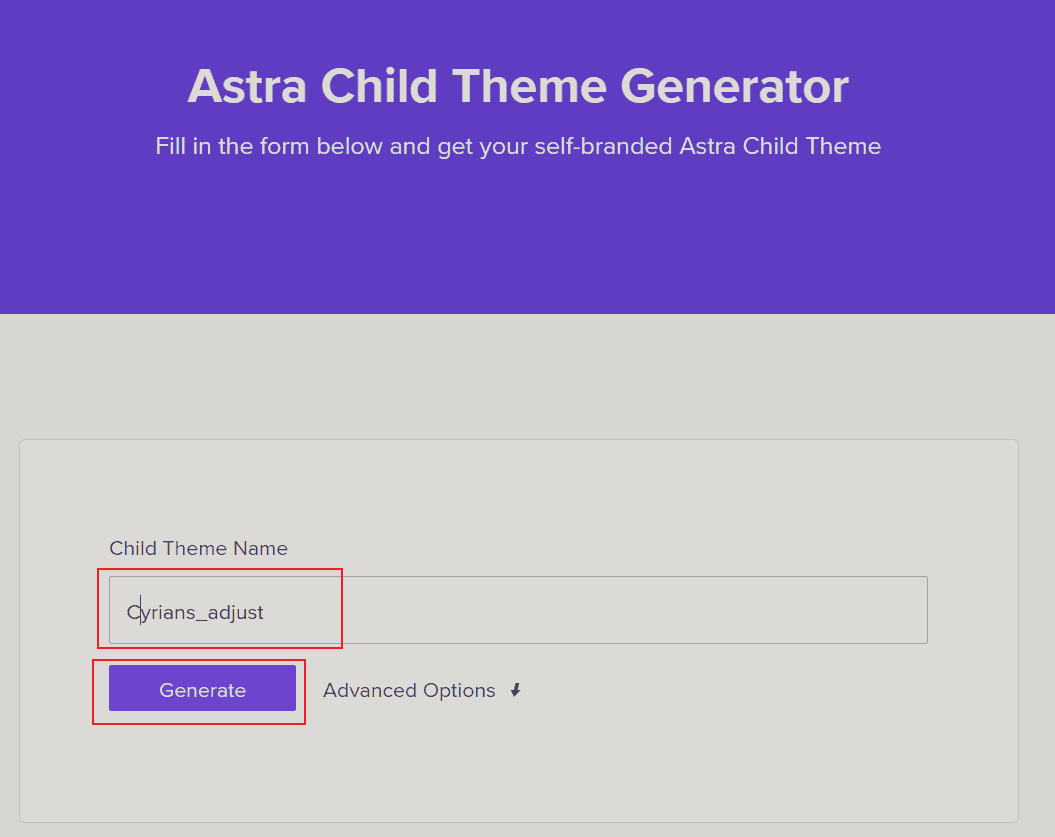 Astra Child Theme Generator頁面