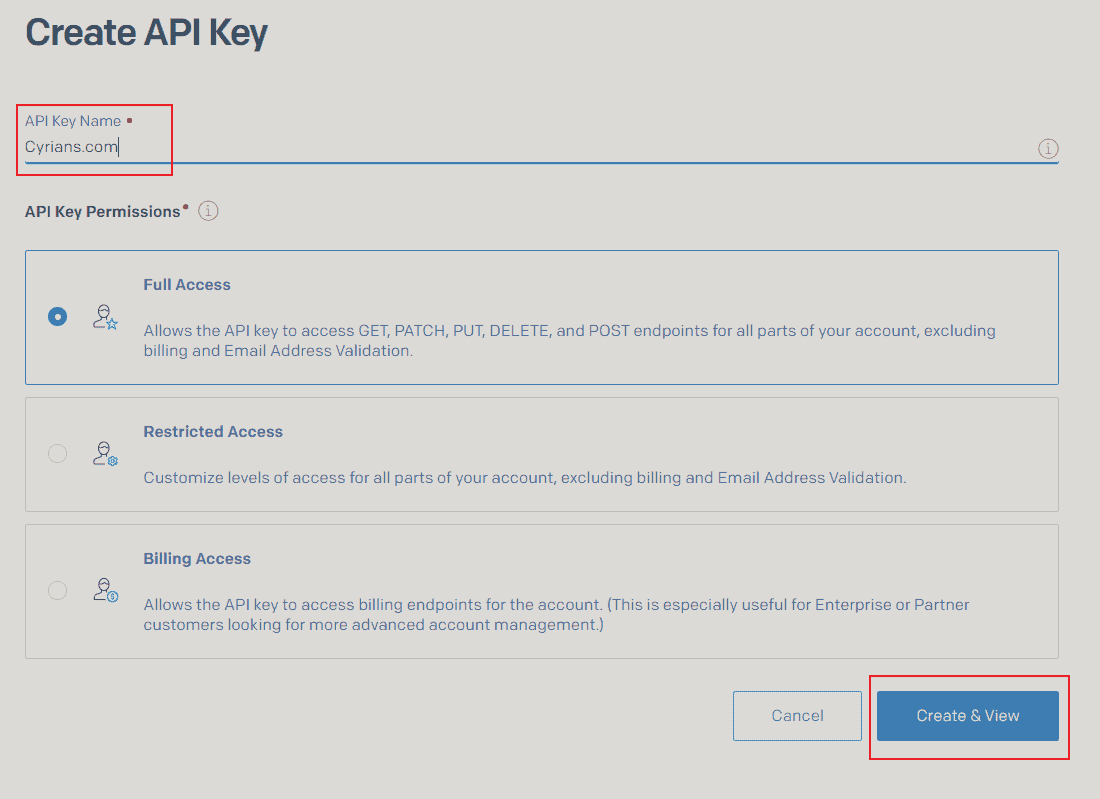「API Key Name」輸入自己喜歡的名稱,其他不需要更動,按下「Create & View」按鈕