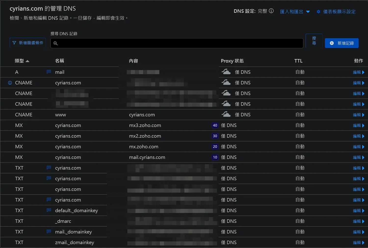 到Cloudflare的DNS記錄介面