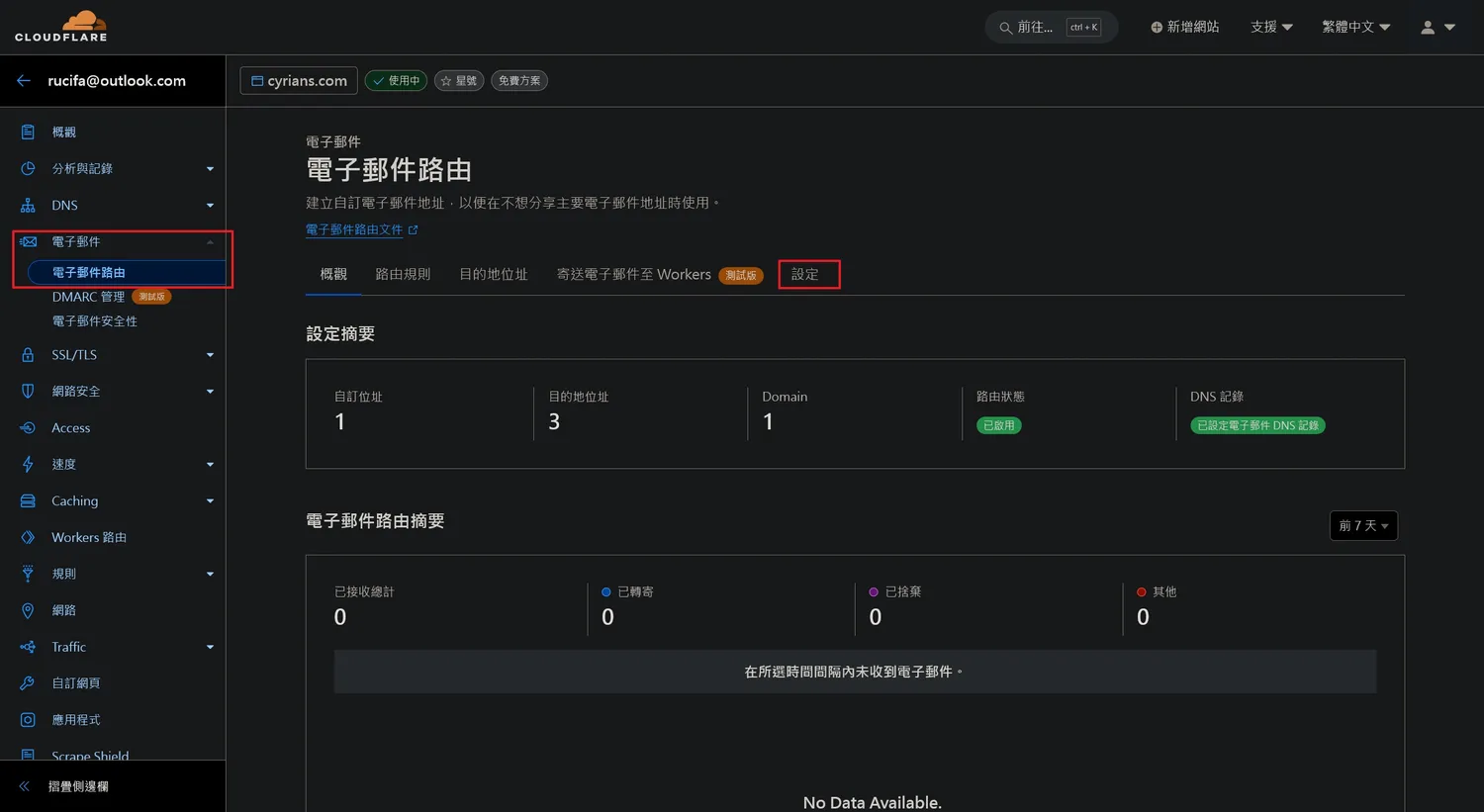 進入電子郵件路由介面,並選擇「設定」分頁