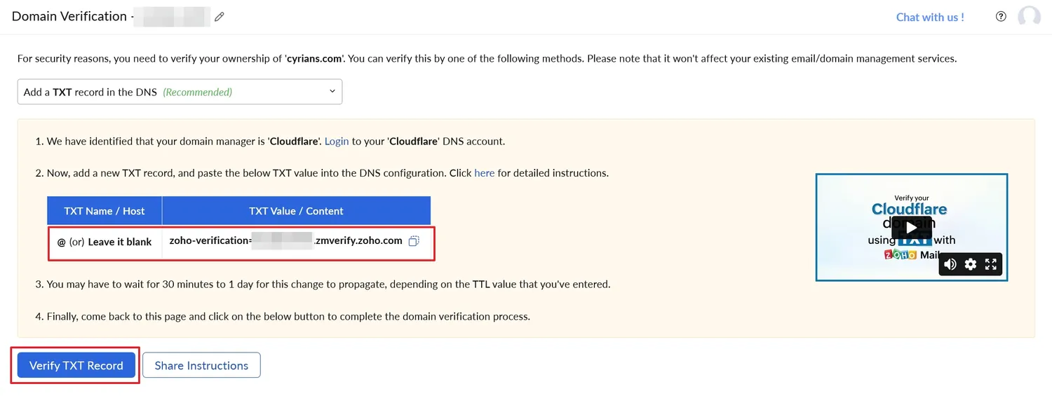 把該設定複製下來,並在Cloudflare輸入儲存後,按下「Verify TXT Record」