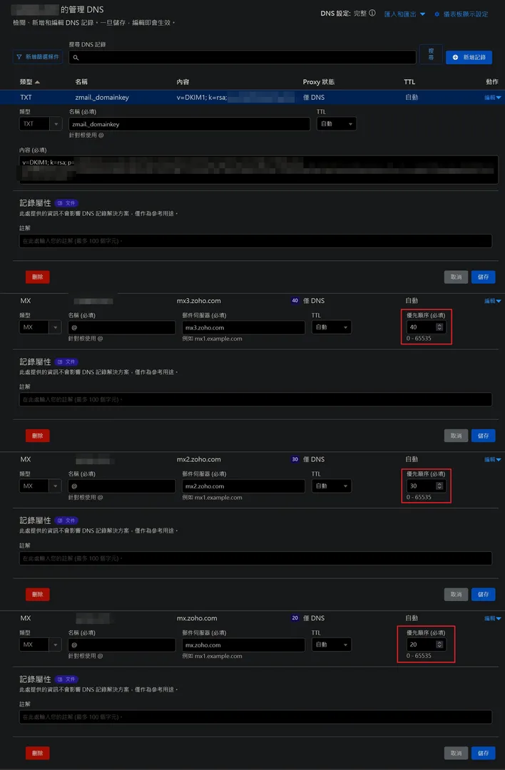 Cloudflare的DNS設定請參考圖做設置,我故意把優先順序做調整(數值變大)