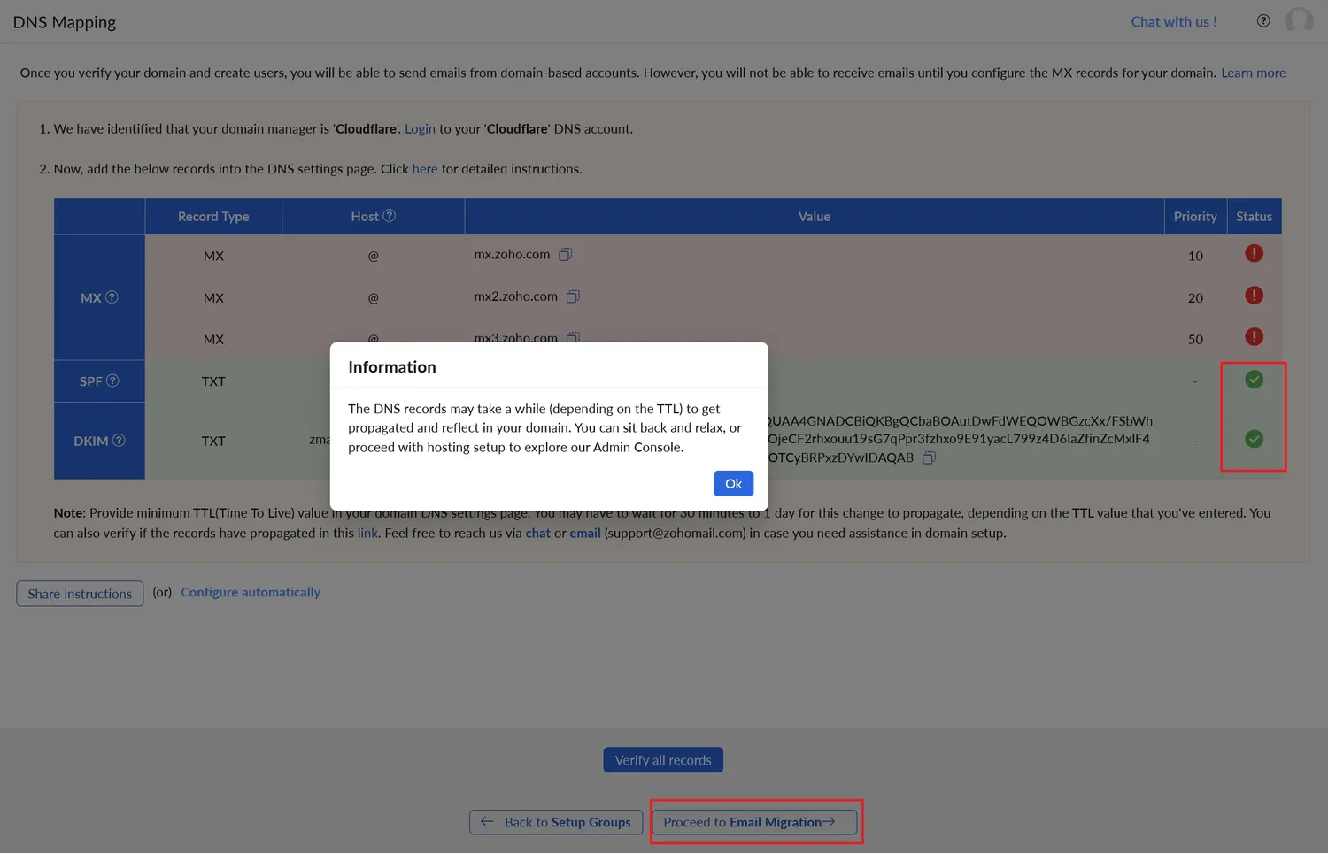 在Step07步驟中按下「Verify all records」按鈕後出現的畫面。這個畫面中我們要確認背景有兩個綠色的勾後,按下「Proceed to Email Migration→」按鈕